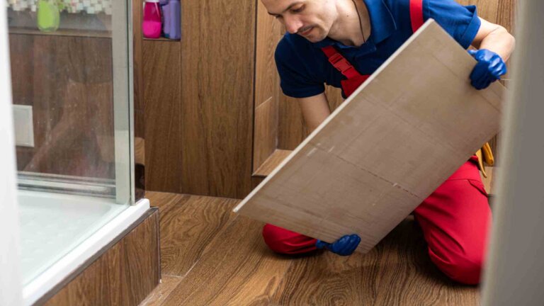 A man replacing a loose floor tile
