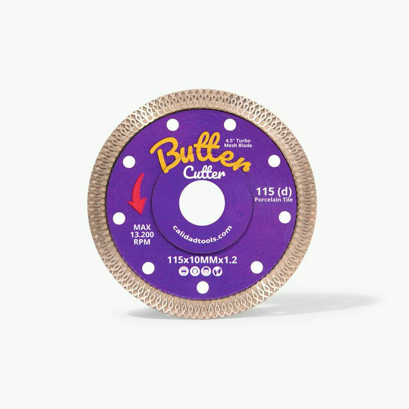 Calidad 4.5&quot; diamond grinder disc &quot;Butter Cutter&quot; offers superior, chip-free cutting performance. Best for cutting porcelain and ceramic tile. It features professional grade quality, reinforced hub, turbo mesh diamond rim, unique bond matrix, advanced anti-vibration. For tile installers, remodelers, DIY enthusiasts